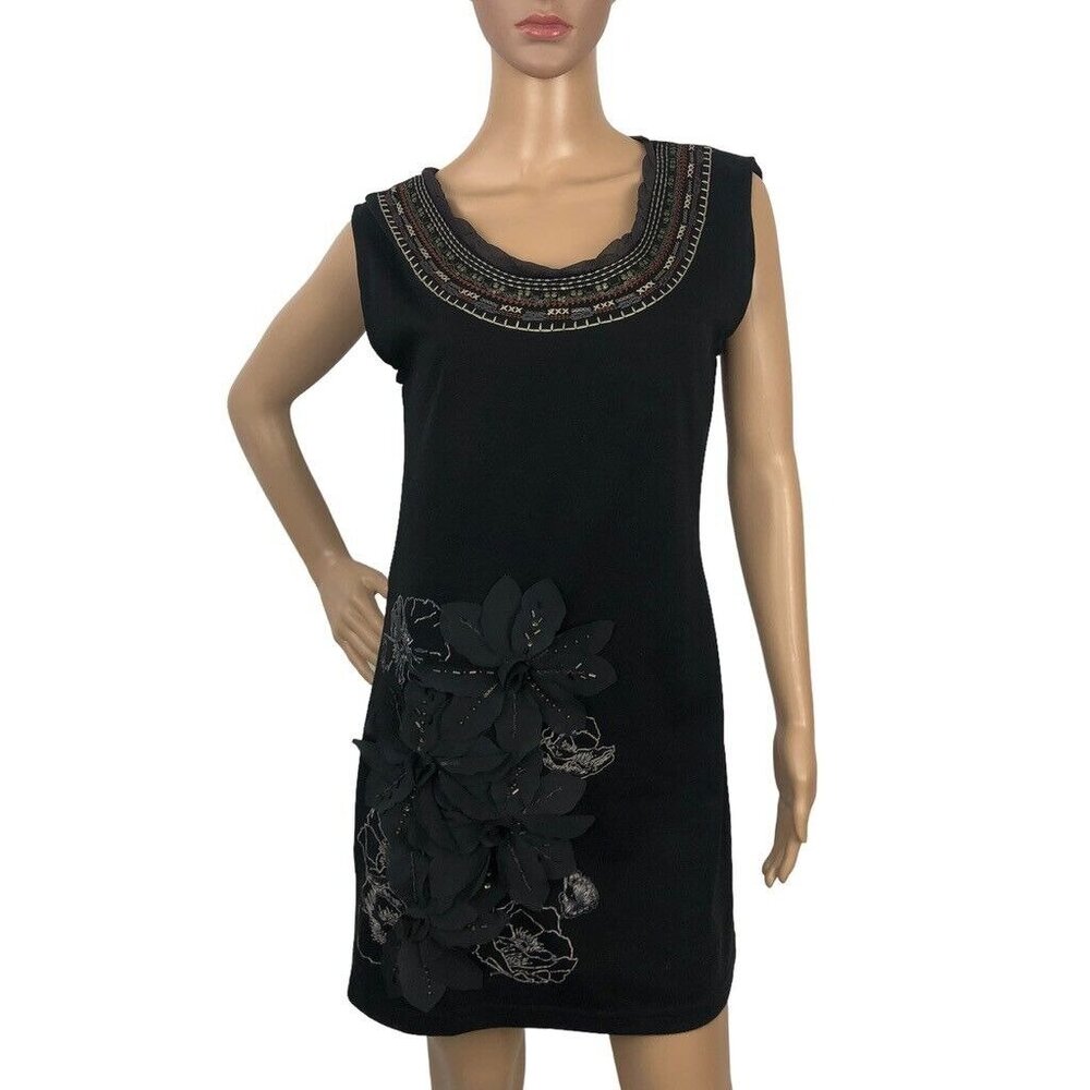 Lulumari Boho Embroidered Shift Dress Size M Floral Sleeveless Mini Black Artsy - Picture 2 of 10